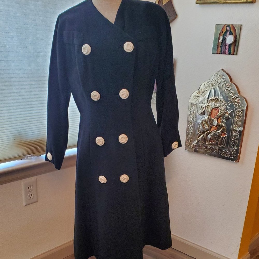 Vintage, black wool coat with big, white buttons (60's)